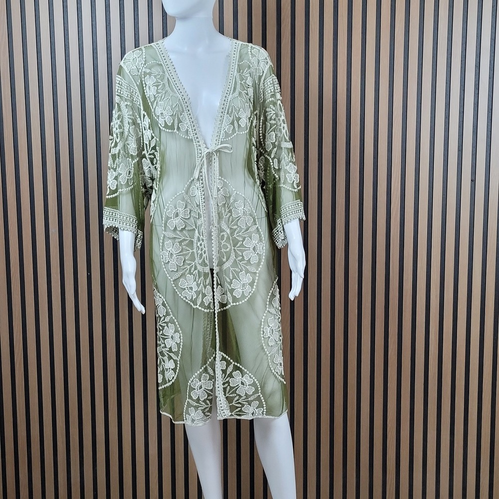 Ana & Rose Kimono Cardigan Boho Floral Embroidered Mesh Olive Green XL